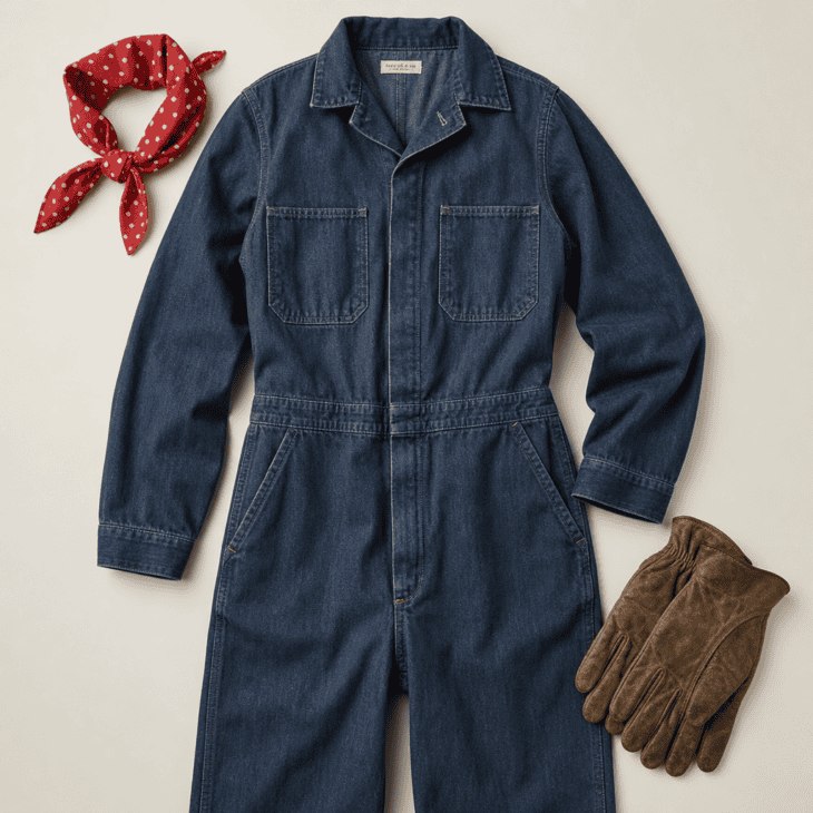 A red polka-dot bandana, denim coveralls, and leather work gloves.