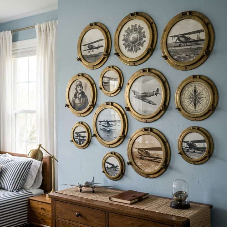 Round porthole-style frames give an aviation gallery wall an unexpected nautical softness.