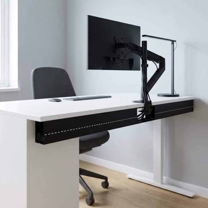 A runway-centerline motif makes concealed cable management part of the aviation theme.