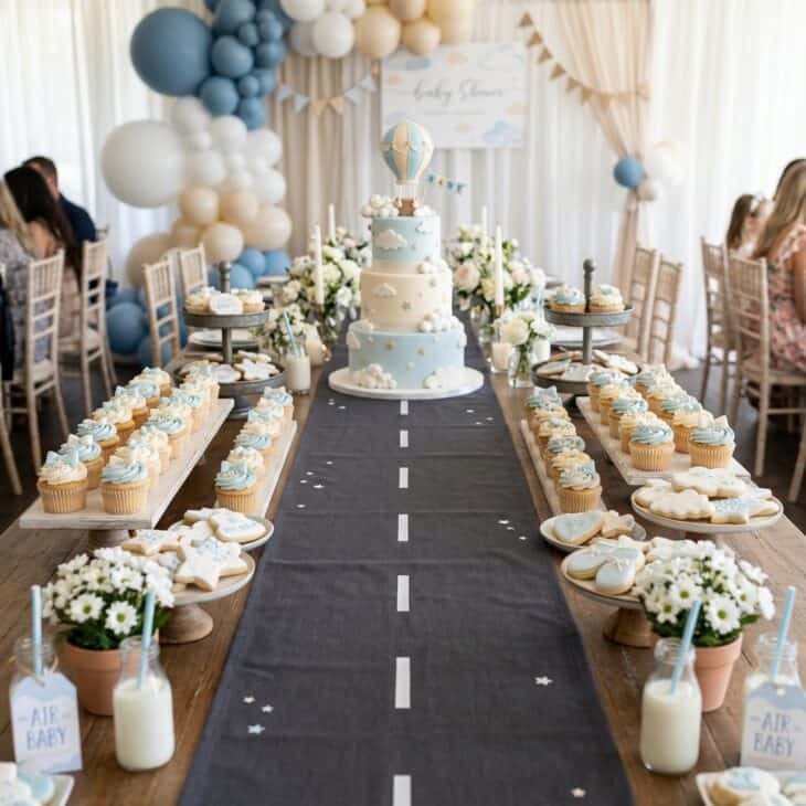 A runway runner gives the dessert table a strong visual direction.