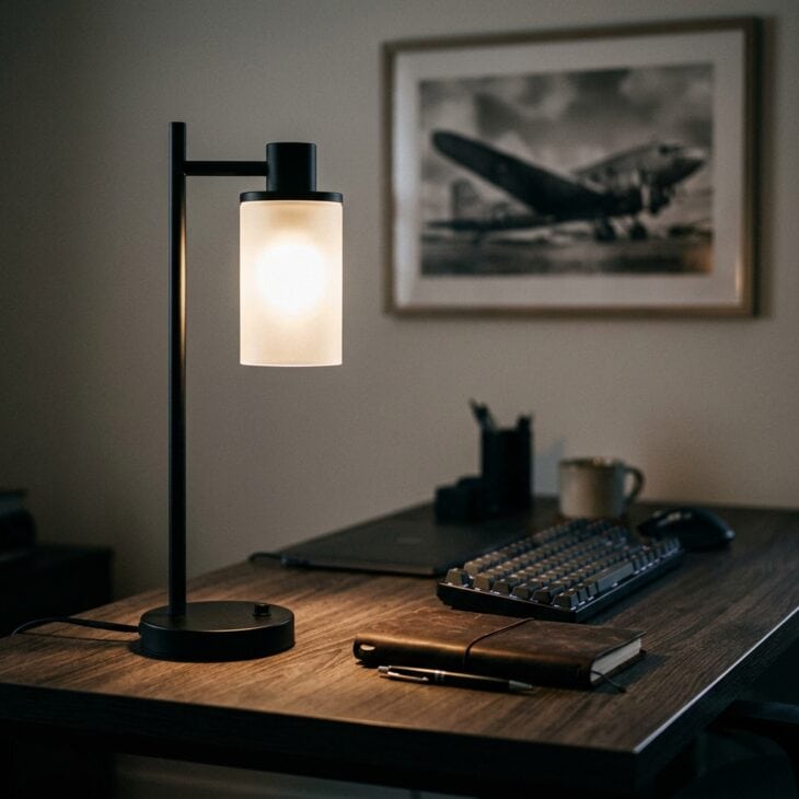 A runway-inspired lamp supplies useful task light without making the theme too literal.