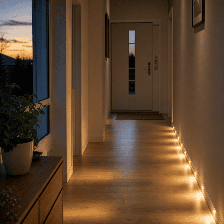 Floor-level runway lighting guides the path down the hallway after dark.