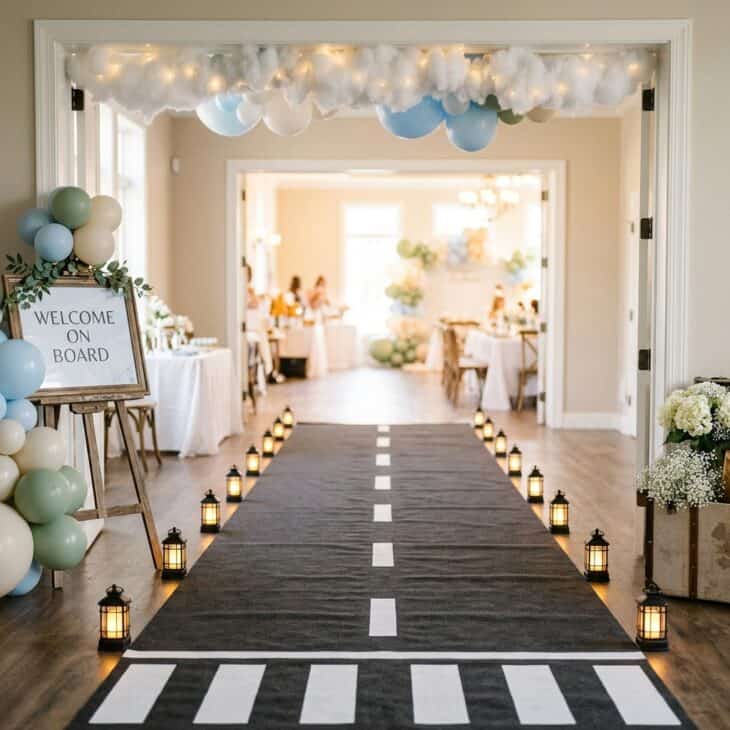 A simple runway aisle makes every guest's arrival part of the theme.