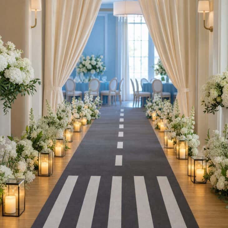 A simple runway runner makes each guest's arrival part of the theme.