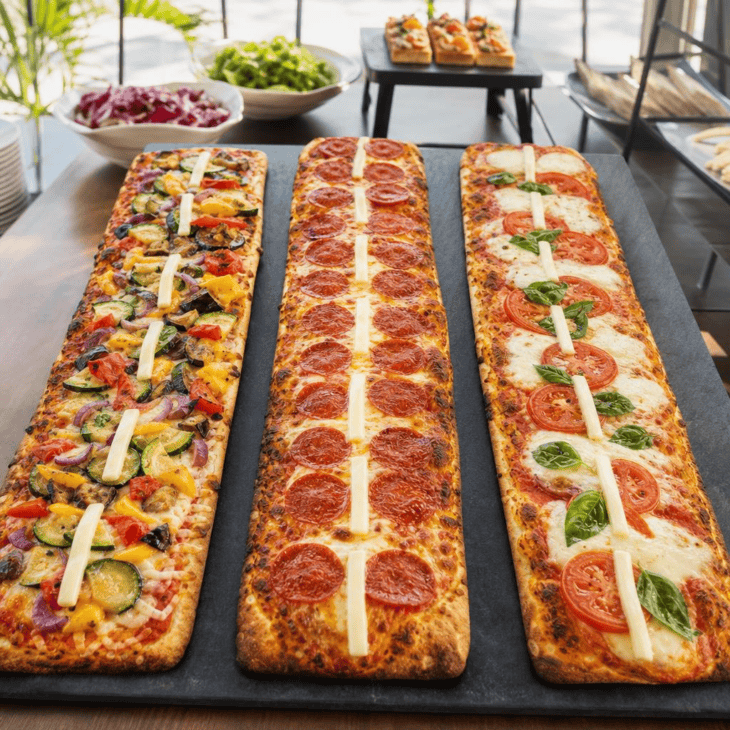 Long flatbreads become edible runways with simple cheese markings.