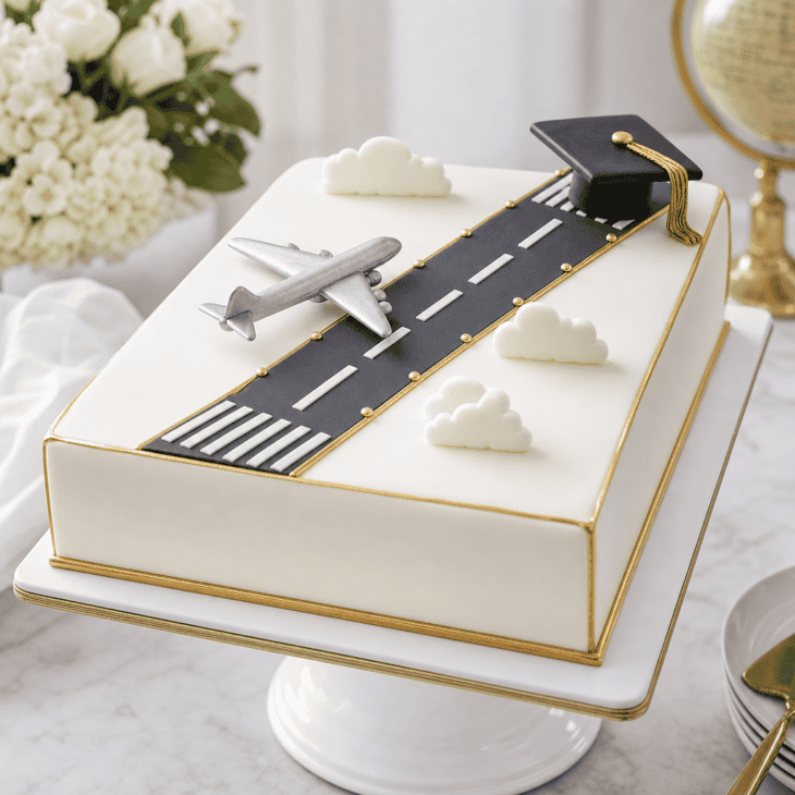 A runway cake creates a clear focal point without requiring a complex aircraft sculpture.