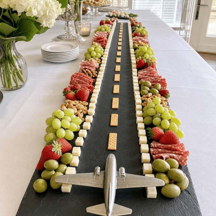 A runway layout gives an ordinary grazing board a strong aviation identity.