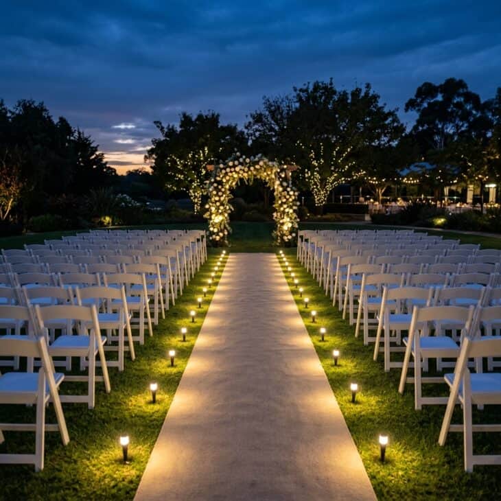 Runway-style edge lighting guides guests down the aisle at dusk.