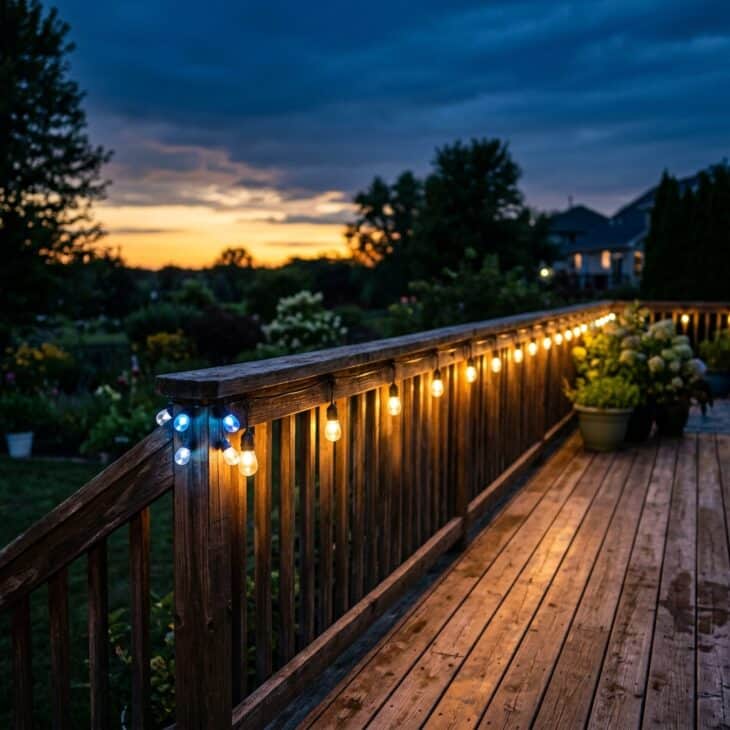 Runway-style string lighting traces the deck rail as dusk settles in.
