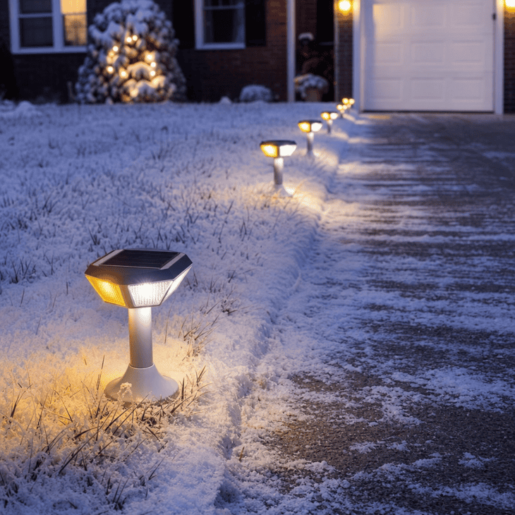 Amber pathway lights mimic runway edge lighting along a snowy driveway.