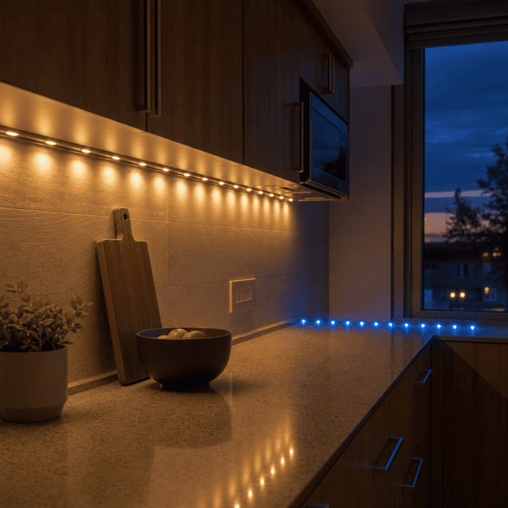 Runway-style under-cabinet lighting washes the counter at dusk.