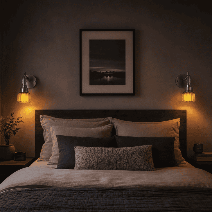 Amber-lensed sconces flank the bed like a pair of runway edge lights.