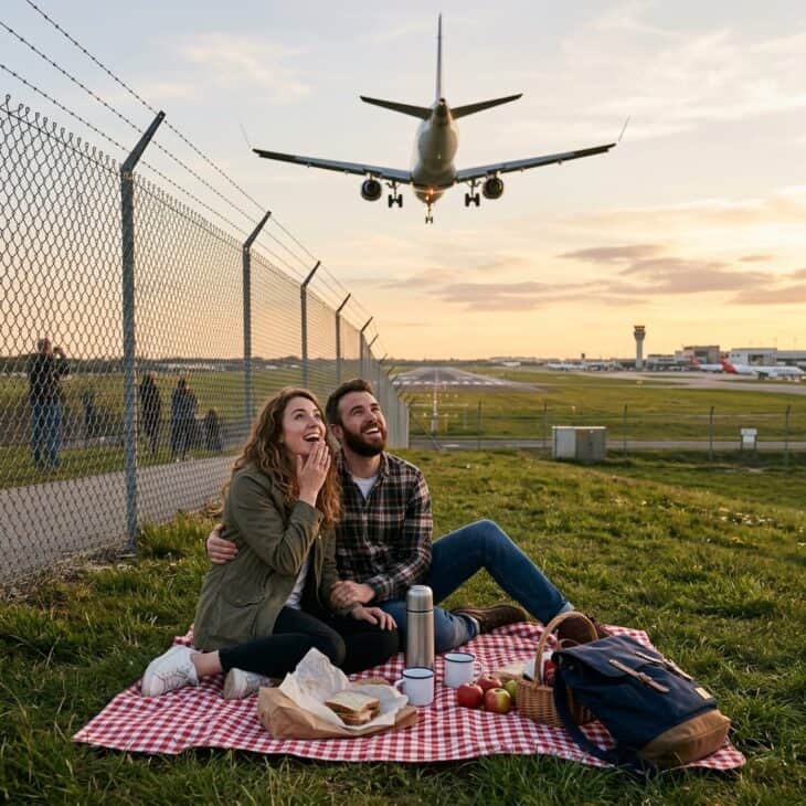 A blanket near the fence line turns landing traffic into the evening's entertainment.