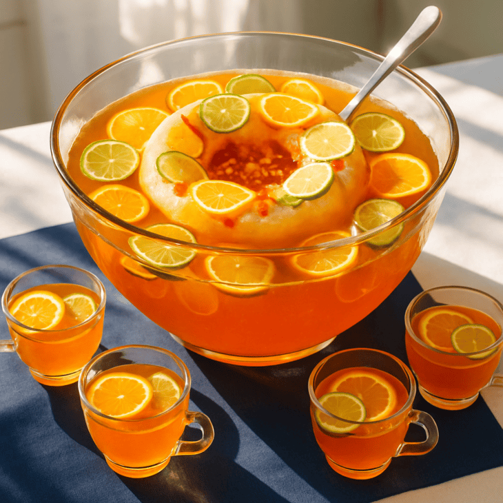 A fruit-studded ice ring chills punch without diluting it like loose ice cubes.