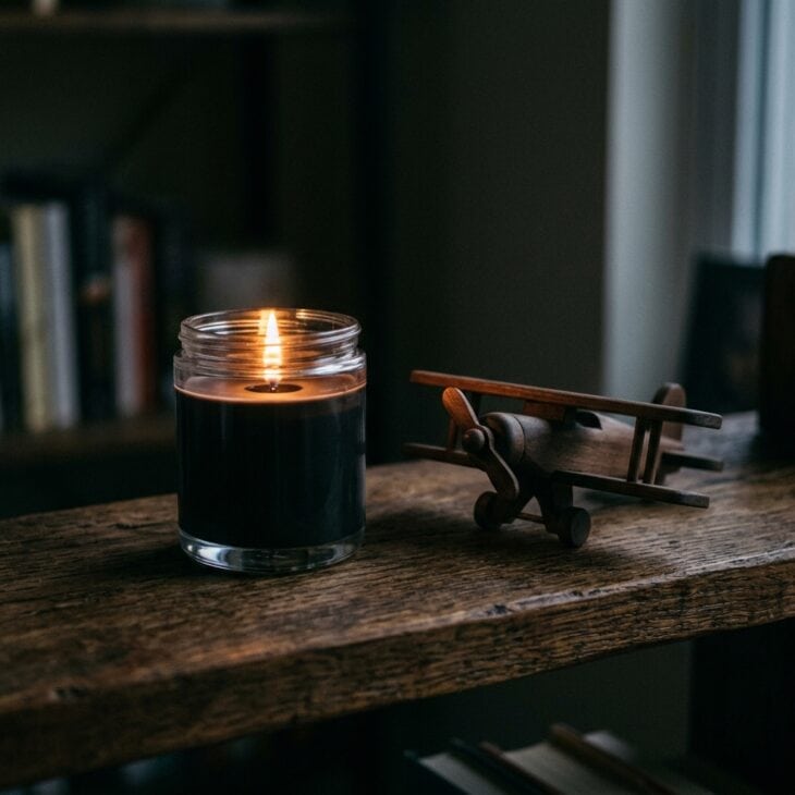 A moody runway-inspired candle sets the scene for a low-key aviation-themed night in.