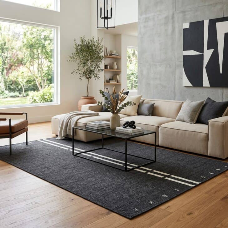 Restrained runway stripes give a neutral rug direction and graphic energy.