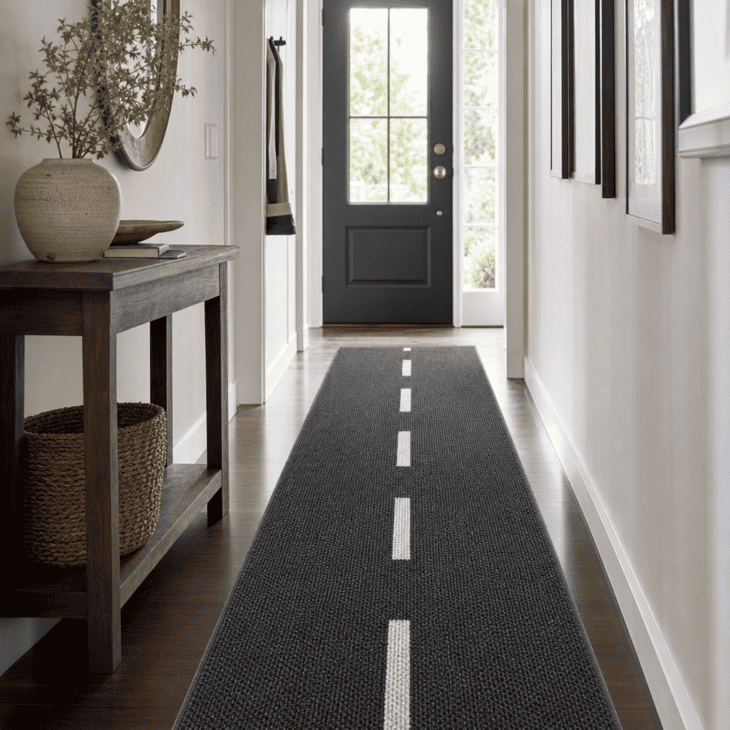 A runway-stripe runner guides the eye straight to the front door.