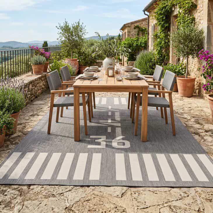 A runway-stripe outdoor rug grounds the patio dining set.
