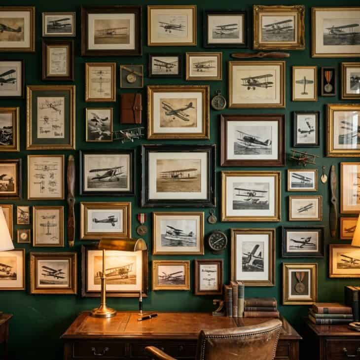 Mismatched vintage frames stacked salon-style bring warmth and history to a deep green study.