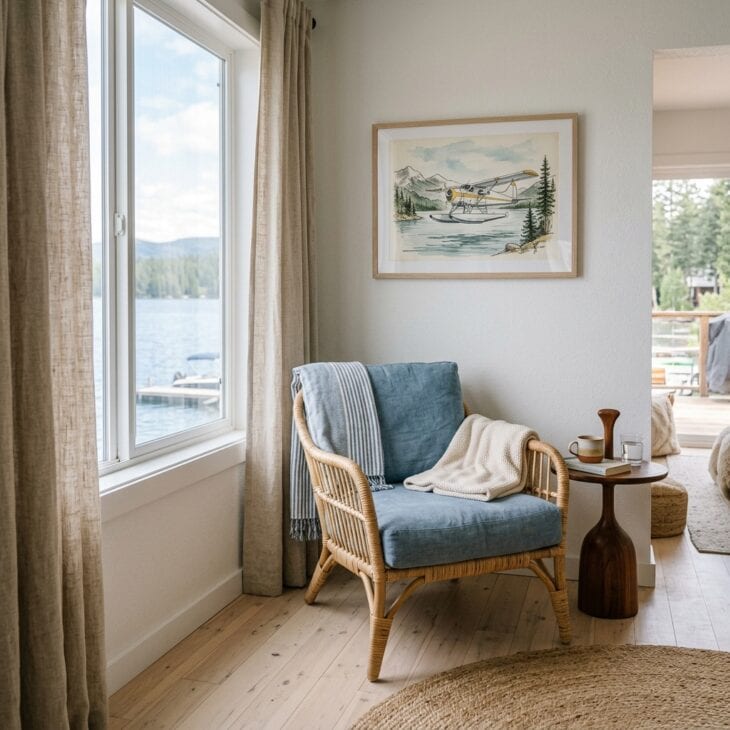 Washed blue, woven textures, and a seaplane print create a light coastal aviation corner.