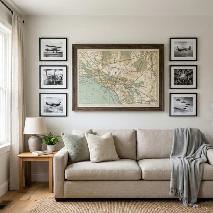 A single oversized sectional chart anchors a ring of smaller photography prints above the sofa.