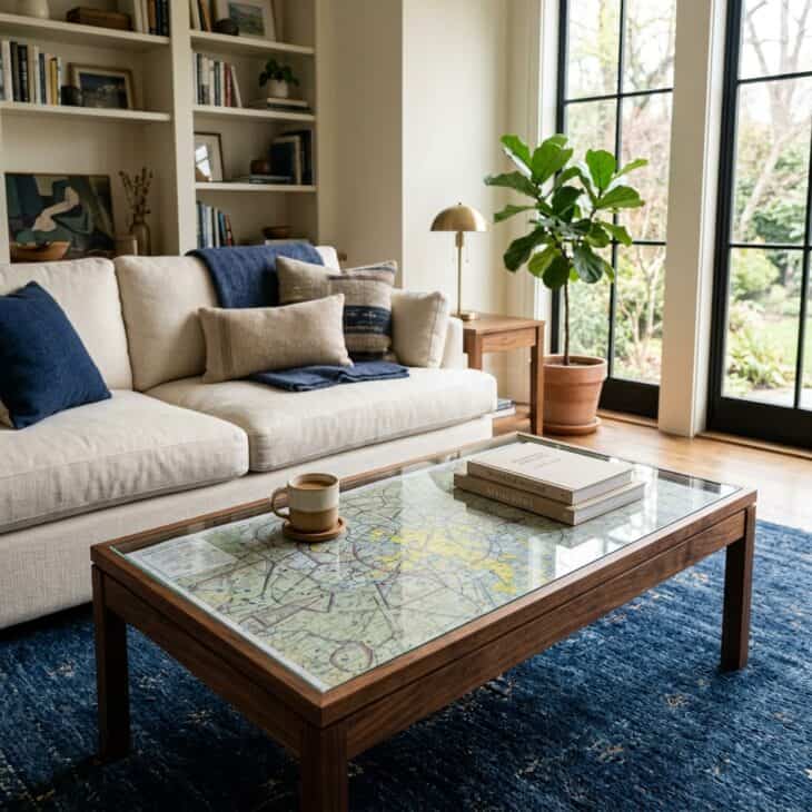 A sectional chart beneath glass turns an everyday coffee table into useful aviation-inspired art.