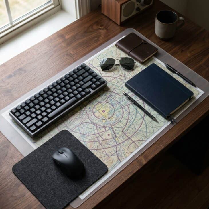 A protected sectional chart turns the working surface into useful aviation-inspired art.