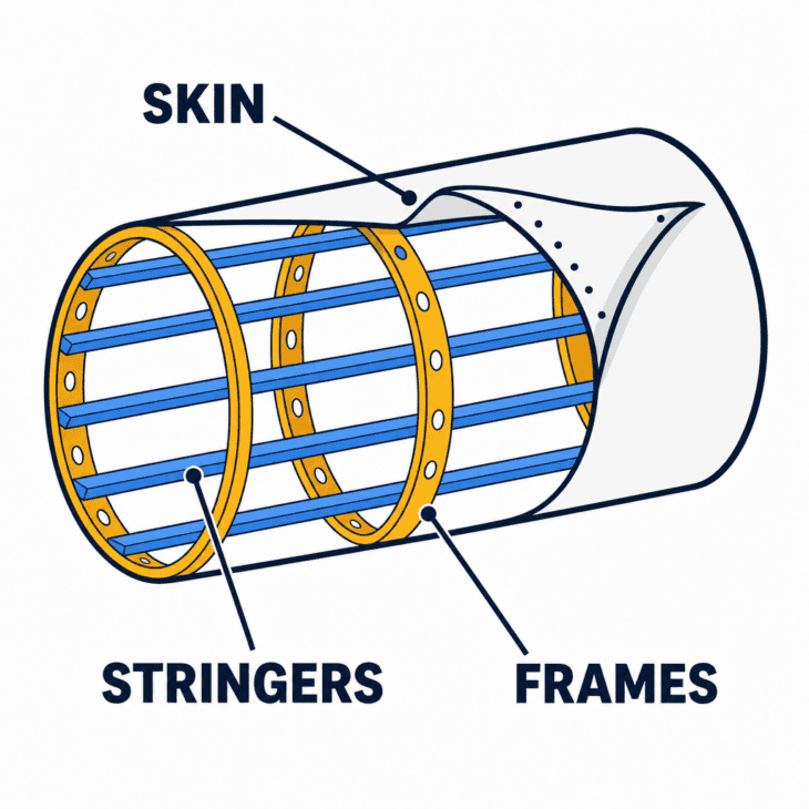 Cutaway diagram of a fuselage barrel with the skin peeled back to show lengthwise stringers and circumferential ring frames crossing at right angles
