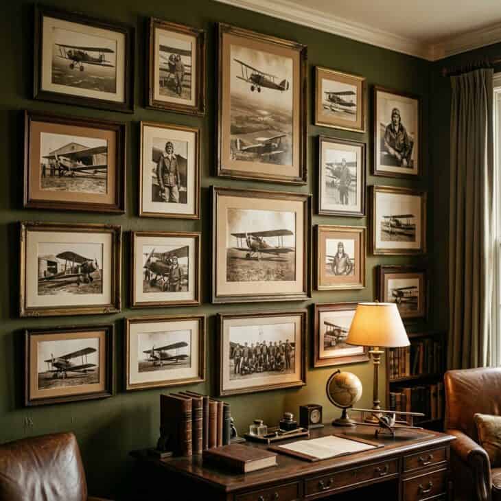 Sepia tones and aged frames give a heritage aviation wall a deeply sentimental feel.