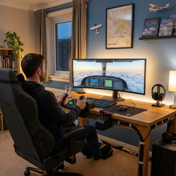 A yoke, a wide monitor, and a quiet corner are enough to build a convincing home cockpit.