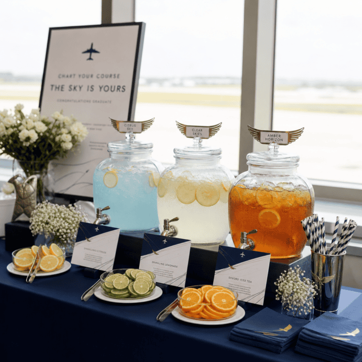 A signature mocktail bar gives every guest a celebratory in-flight drink.