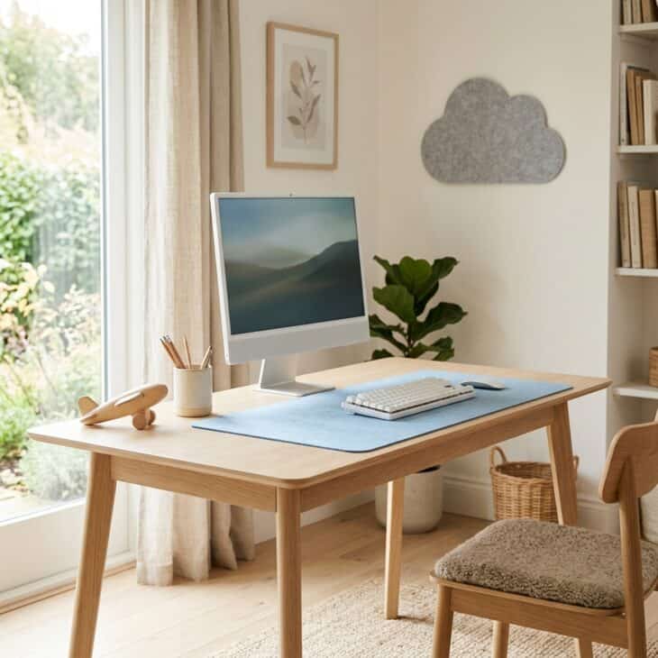 Pale wood and sky blue create an aviation mood that stays light and minimal.
