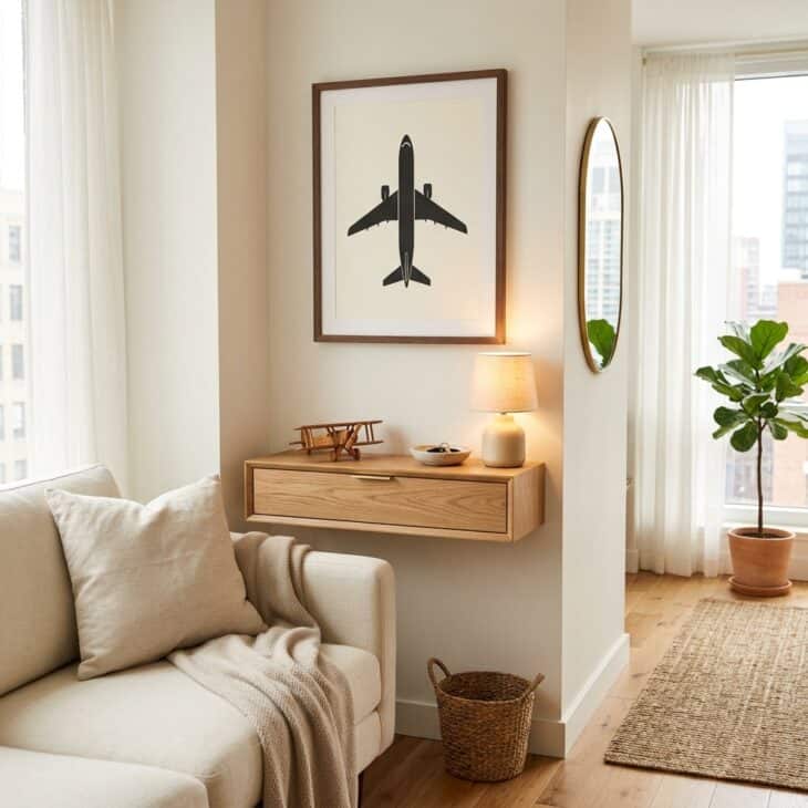 A narrow console concentrates the aviation theme without crowding a small apartment.