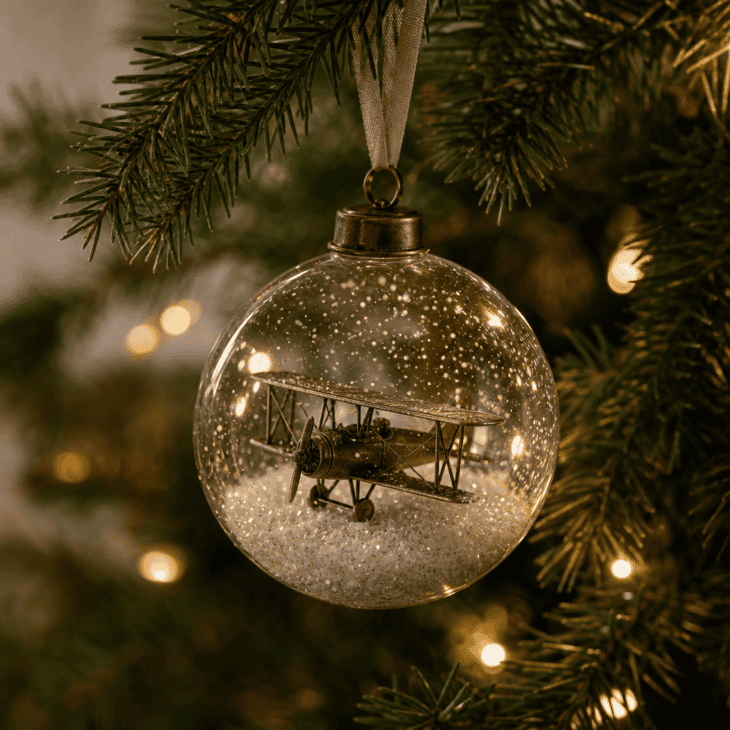 A miniature snow globe suspends a small airplane figure in glittering snow.