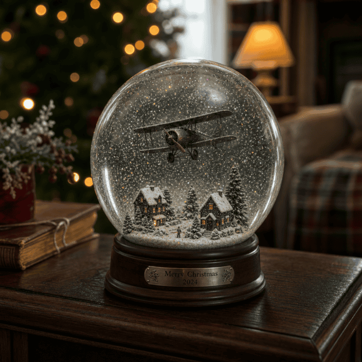 A biplane figure flies through falling glitter inside a tabletop snow globe.