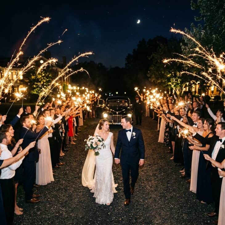Sparklers light a runway-style path for the newlyweds' send-off.
