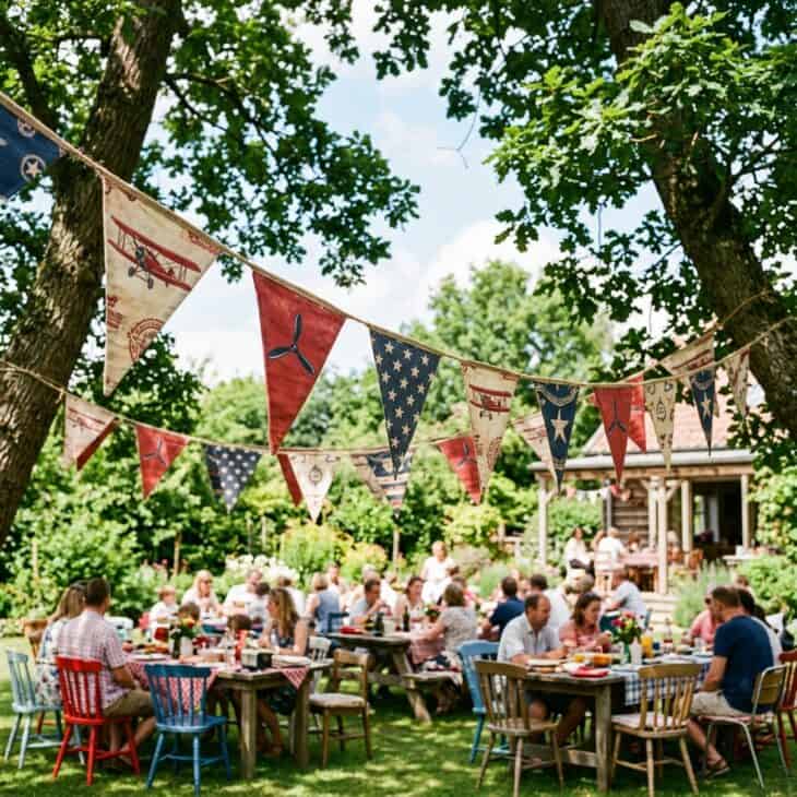 Propeller-print bunting flags stretch between trees over a backyard gathering.