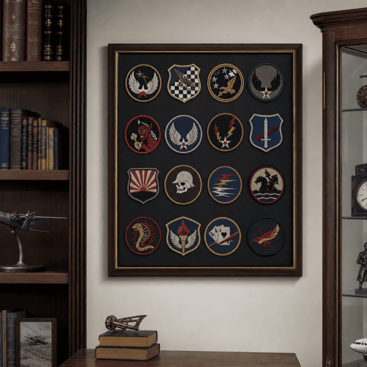 A framed grid of patches extends the display onto the wall beside the shelf.