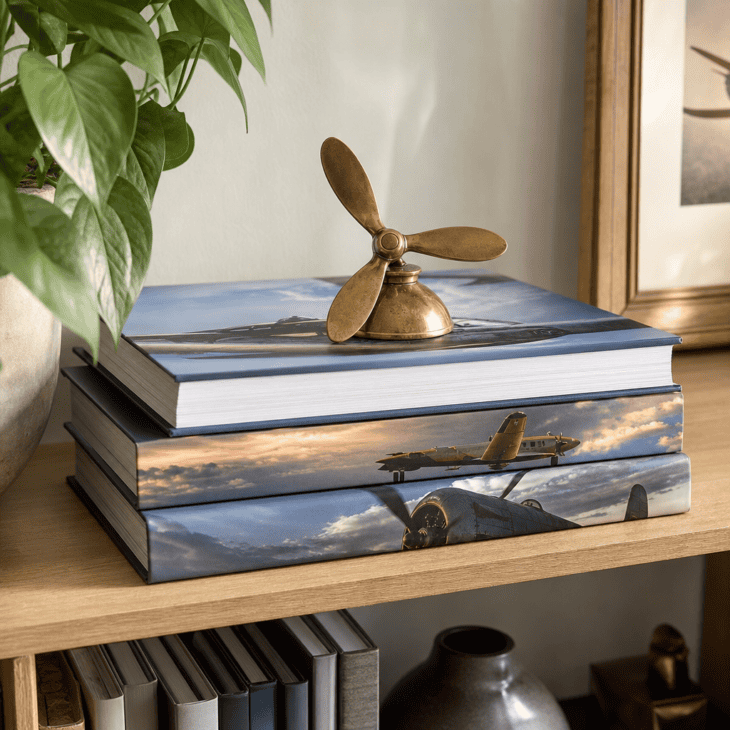 A stack of oversized aviation books becomes its own small pedestal.