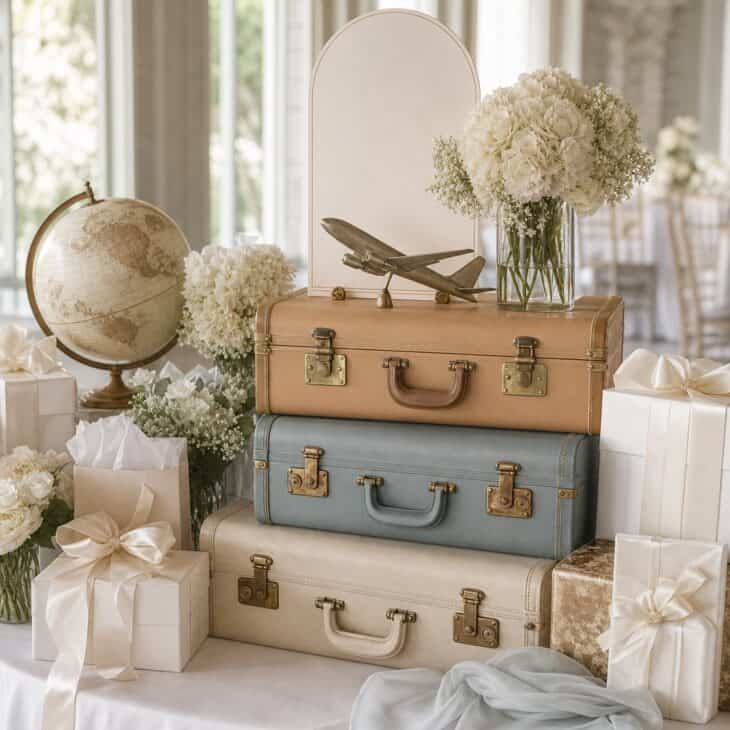 Stacked luggage turns the gift table into a layered travel display.