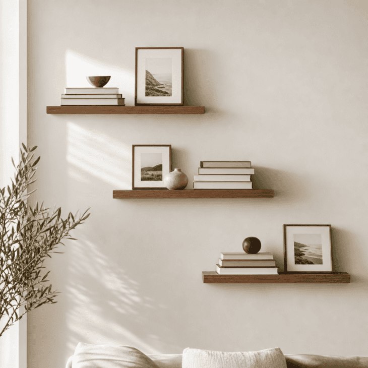 Three staggered ledges mix books and objects into one composed wall.