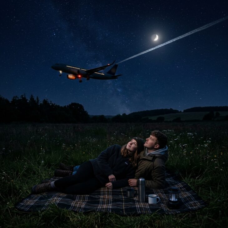 A dark field under the approach path mixes stargazing with the occasional low pass of landing lights.