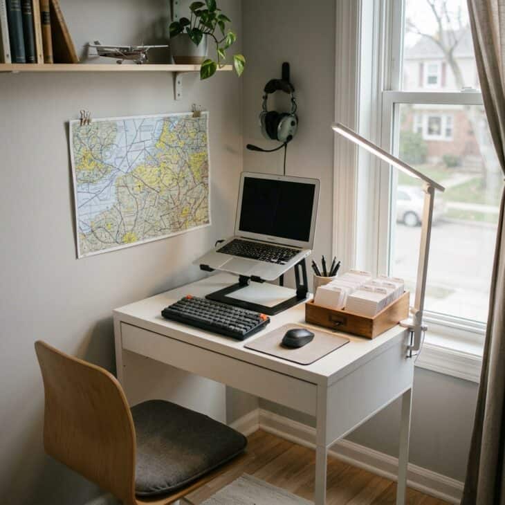 A narrow desk can support serious flight study when every tool has a defined place.