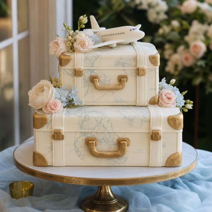A suitcase-inspired cake gives the dessert table one memorable travel centerpiece.