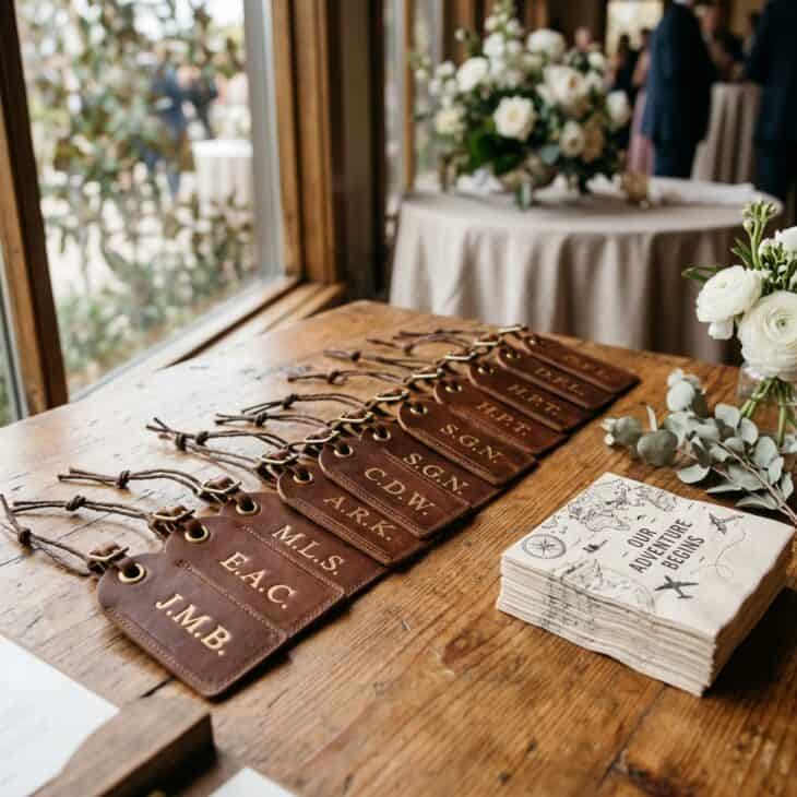 Personalized leather luggage tags wait on the favor table.