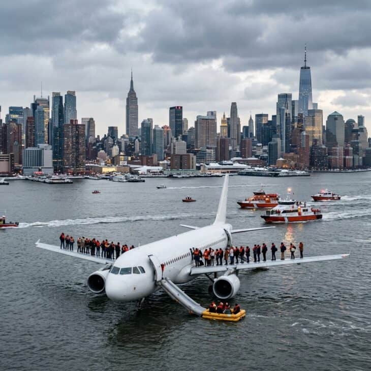 Twin-engine commercial jet floating on a calm river with passengers on the wings