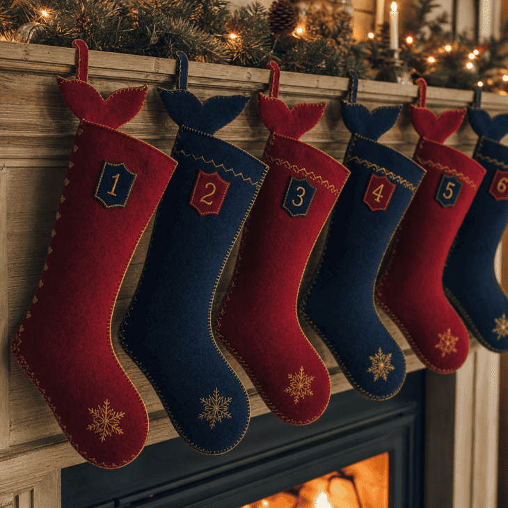 Felt stockings with tail-fin cuffs and embroidered numeral patches hang from the mantel.