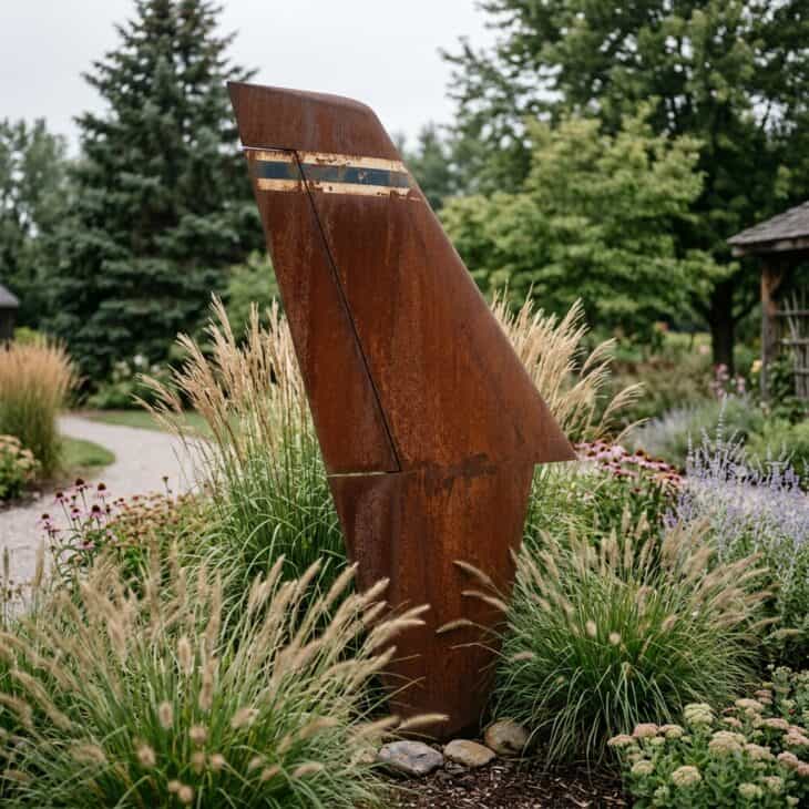 A weathered steel tail fin sculpture rises from a bed of ornamental grasses.