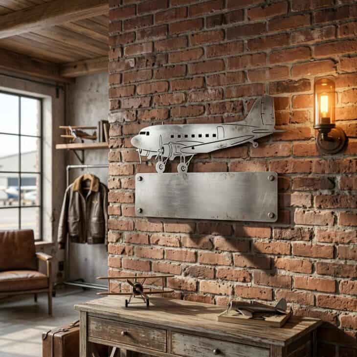 A sign built around a real tail number turns generic decor into something specific.