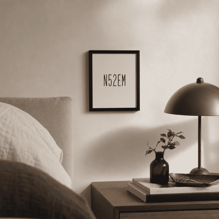 A minimalist tail-number-style monogram print adds a personal detail above the nightstand.